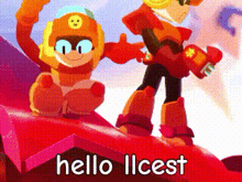 two cartoon characters are standing next to each other and the words hello icest are on the bottom of the image