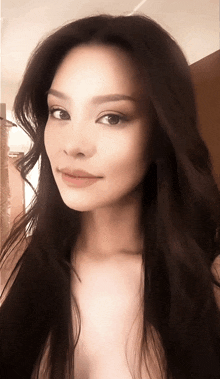 a close up of a woman 's face with long brown hair