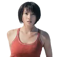 a woman in a red tank top has blood on her neck and chest