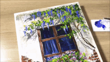 a painting of a window with blue flowers and a brick wall