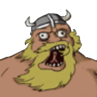 a cartoon drawing of a viking with a beard and horned helmet .