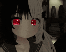 a girl with red eyes and black hair looks at the camera