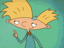 a cartoon character with blonde hair and a blue hat is pointing up with his finger .