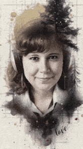 a painting of a woman wearing headphones with the word love written on the bottom