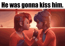 a couple of cartoon characters holding hands with the words he was gonna kiss him above them