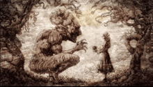 a drawing of a monster standing next to a girl with the letters nhk on the bottom