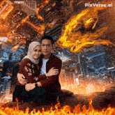 a man and a woman are posing for a picture with a fire dragon in the background and pixverse.ai written on the bottom