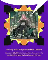 a poster that says your top artist this year was mori calliope you spent 125,823 minutes together