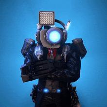a man in a suit with a camera on his head and a badge that says ' a '