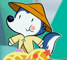 a cartoon wolf wearing a hat and a yellow jacket