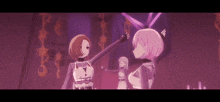 three anime girls are standing next to each other in a room .