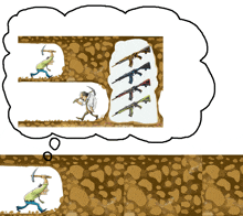 a cartoon of a man digging a tunnel with a thought bubble above him