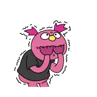 a cartoon drawing of a pink monster with a black shirt covering its mouth