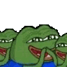 a group of green frogs are standing next to each other and laughing .