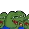 a group of green frogs are standing next to each other and laughing .