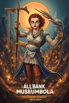 a poster for all bank museum bola shows a woman holding a cross and a gun