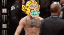 a man with a monkey mask on his face is standing next to a man with a monster energy drink behind him