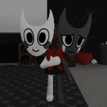 two cartoon characters are standing next to each other in a living room