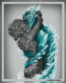 a black and white painting of a man and woman kissing in the water