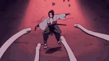 a cartoon of a man holding a sword surrounded by snake 's .