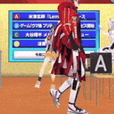 a man in a red coat is walking in front of a sign that says a on it