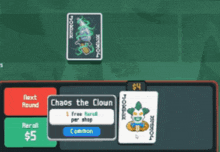 a screenshot of a game with joker playing cards on a green background