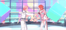a couple of anime characters standing on a stage