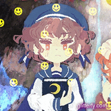 a cartoon girl with smiley faces on her face is holding a book