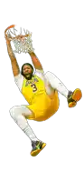 a basketball player wearing a lakers jersey is jumping in the air