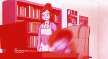 a woman in an apron is standing in front of a bookshelf in a room .