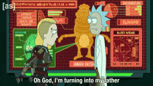 rick and morty are standing in front of a screen that says queen decoy