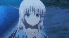a girl with long white hair and a blue shirt smiles