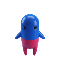 a blue capsule with red legs and a black eye