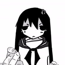 a black and white drawing of a girl with long hair and a shark in the background .