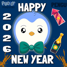 a penguin wearing a bow tie and a champagne bottle says happy new year