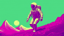 a colorful illustration of an astronaut standing in front of a mountain range