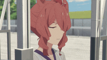 a close up of a girl with red hair