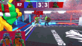 two teenage mutant ninja turtles are fighting in a boxing ring with a score of 3 to 3