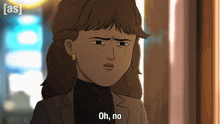 a cartoon of a woman saying oh no in front of a sign that says [ as ]