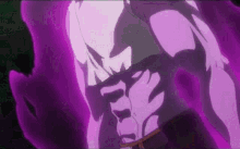 a close up of a person 's torso with purple glowing behind it .