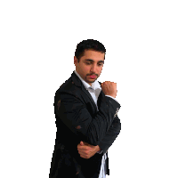 a man in a suit has his arms crossed and a white shirt