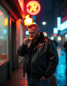 a man in a leather jacket is eating a sandwich under a neon sign that says r