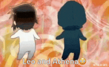 a cartoon of two people dancing with the words leo and athena in the background .