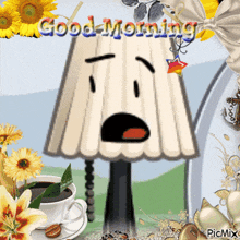 a picture of a lamp with a face and the words good morning on it