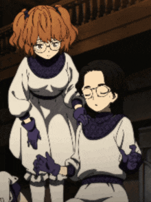 a girl with pigtails is standing next to a boy wearing glasses and purple gloves
