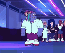 a group of cartoon characters are rollerblading in a skate park