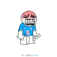 a cartoon drawing of a man wearing a blue shirt with a cross on it