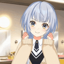 a cartoon girl with blue hair and yellow eyes is smiling