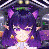 a cartoon girl with purple hair and cat ears is smiling in a room .