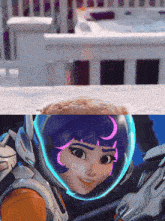 a girl with purple hair and a helmet on